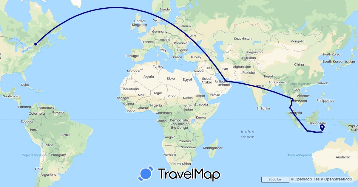 TravelMap itinerary: driving in United Arab Emirates, Canada, Indonesia, Malaysia, Thailand (Asia, North America)